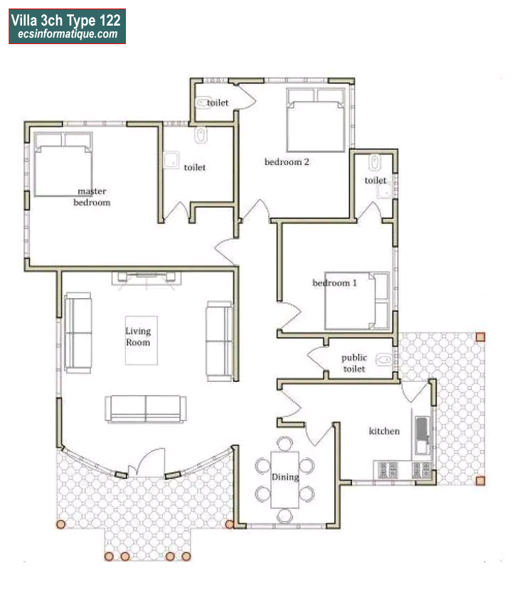 Plan de maison 3 chambres salon - Distribution 2D - Villa T4 Type 2