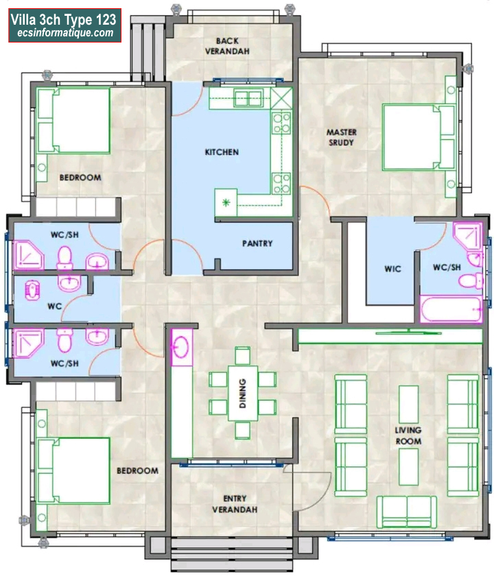 Plan de maison 3 chambres salon - Distribution 2D - Villa T4 Type 3