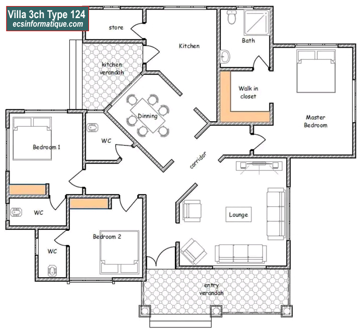 Plan de maison 3 chambres salon - Distribution 2D - Villa T4 Type 4