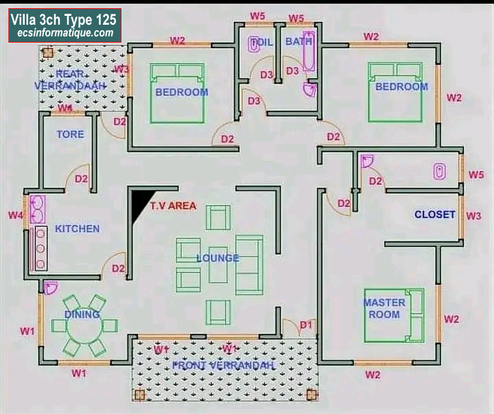 Plan de maison 3 chambres salon - Distribution 2D - Villa T4 Type 5