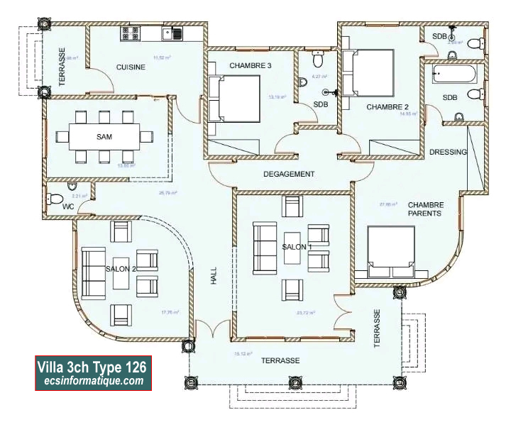 Plan de maison 3 chambres salon - Distribution 2D - Villa T4 Type 6