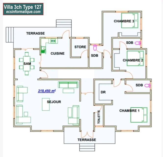 Plan de maison 3 chambres salon - Distribution 2D - Villa T4 Type 7
