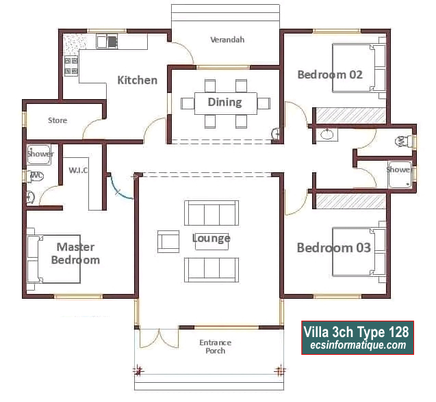Plan de maison 3 chambres salon - Distribution 2D - Villa T4 Type 8