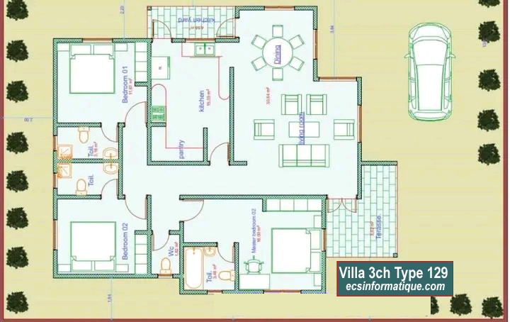 Plan de maison 3 chambres salon - Distribution 2D - Villa T4 Type 9