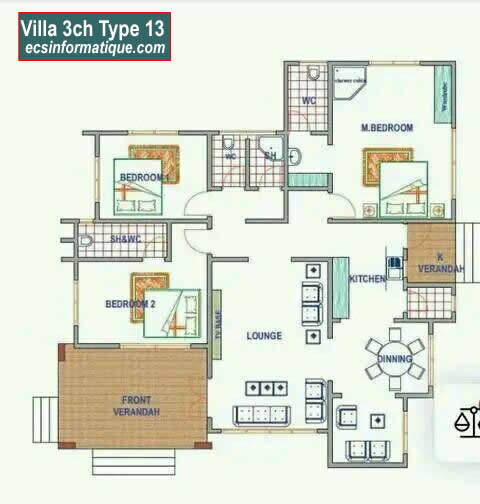 Plan de maison 3 chambres salon - Distribution 2D - Villa T4 Type 13