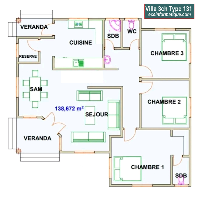 Plan de maison 3 chambres salon - Distribution 2D - Villa T4 Type 11