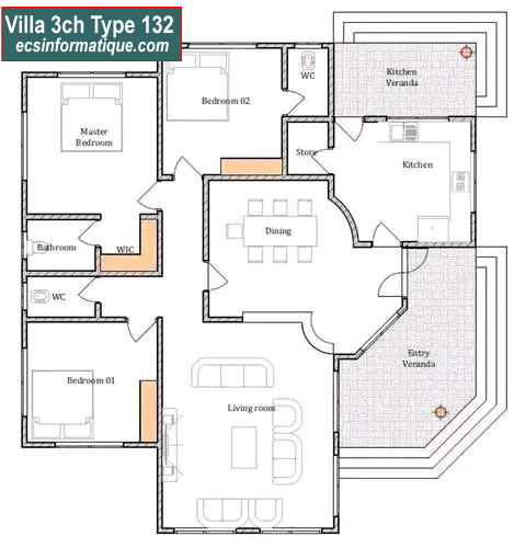 Plan de maison 3 chambres salon - Distribution 2D - Villa T4 Type 12