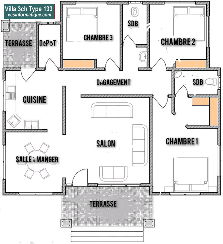 Plan de maison 3 chambres salon - Distribution 2D - Villa T4 Type 13