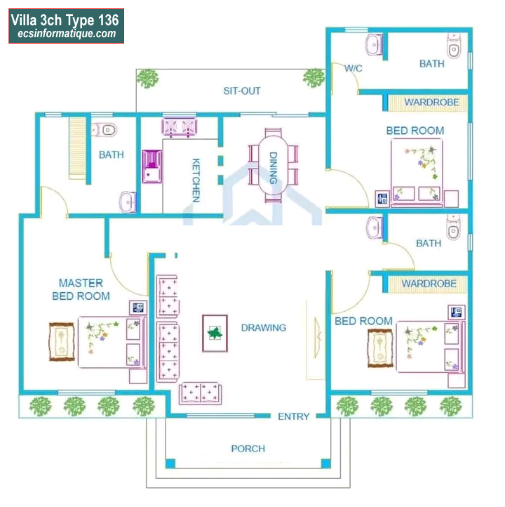 Plan de maison 3 chambres salon - Distribution 2D -Villa T4 Type 16