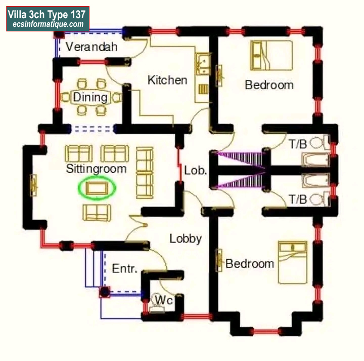 Plan de maison 3 chambres salon - Distribution 2D -Villa T4 Type 16