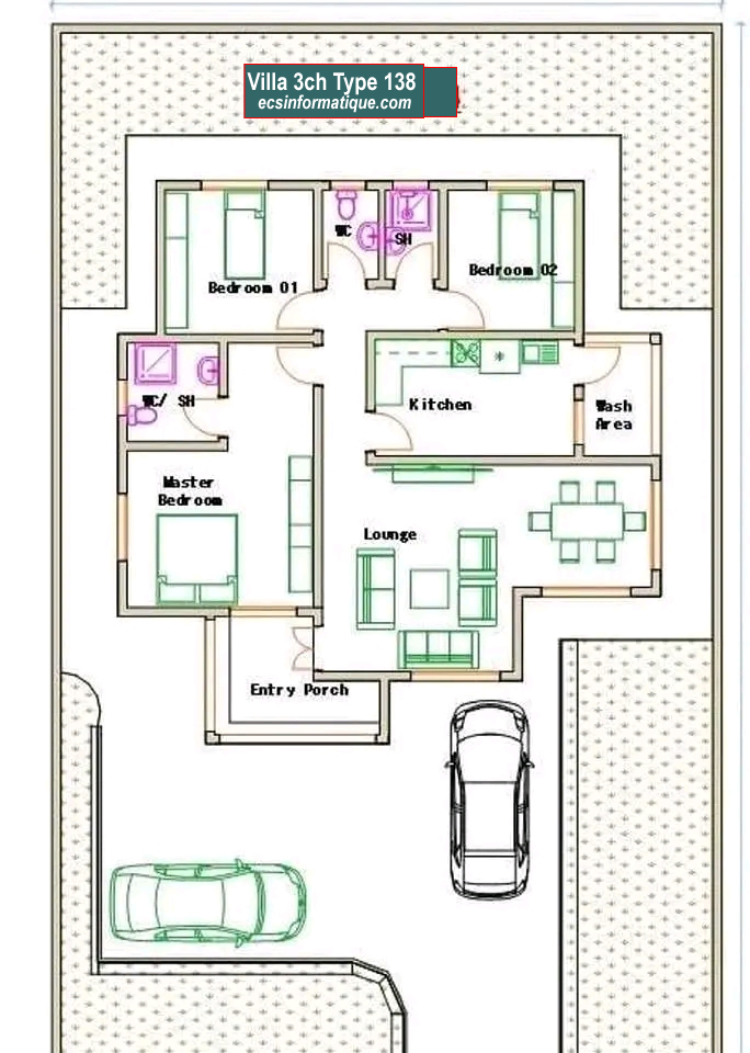 Plan de maison 3 chambres salon - Distribution 2D -Villa T4 Type 18