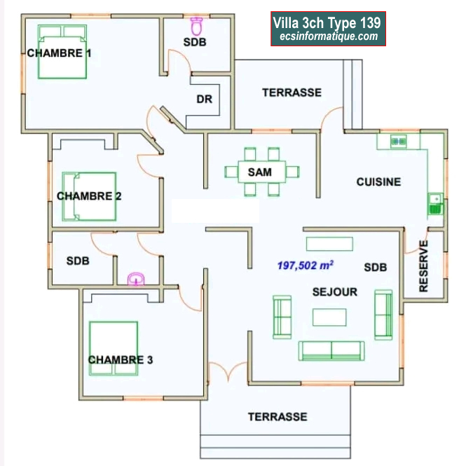 Plan de maison 3 chambres salon - Distribution 2D -Villa T4 Type 19