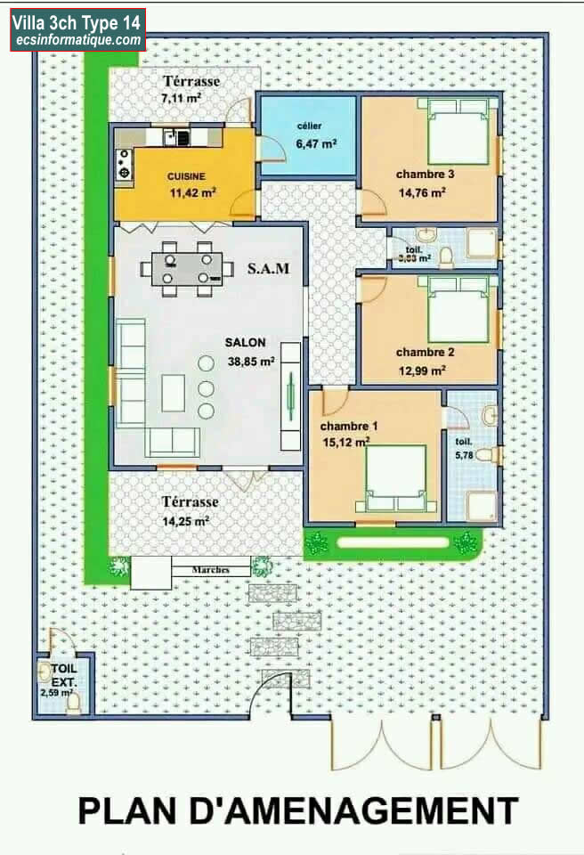 Plan de maison 3 chambres salon - Distribution 2D - Villa T4 Type 14