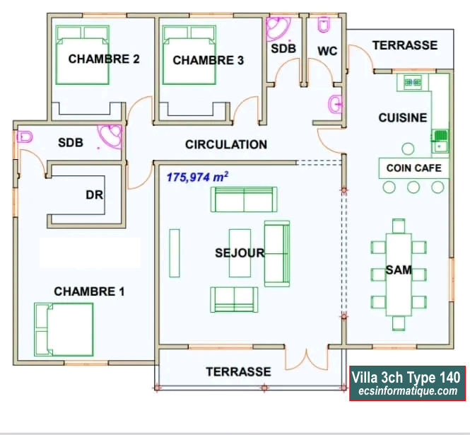 Plan de maison 3 chambres salon - Distribution 2D -Villa T4 Type 20