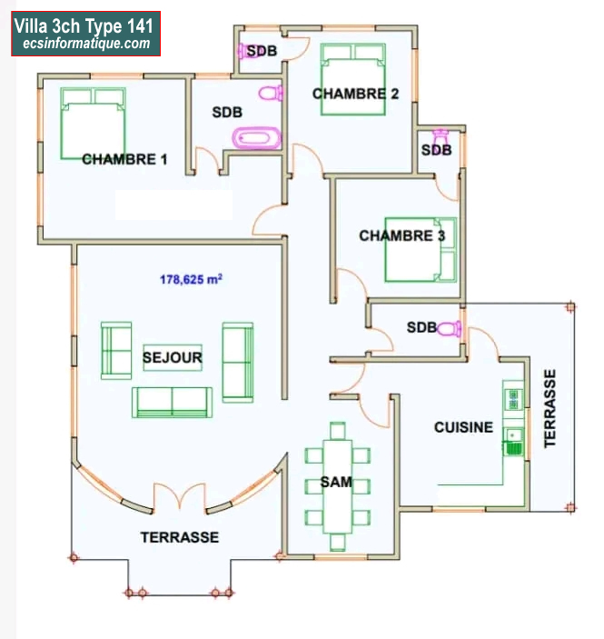 Plan de maison 3 chambres salon - Distribution 2D -Villa T4 Type 21