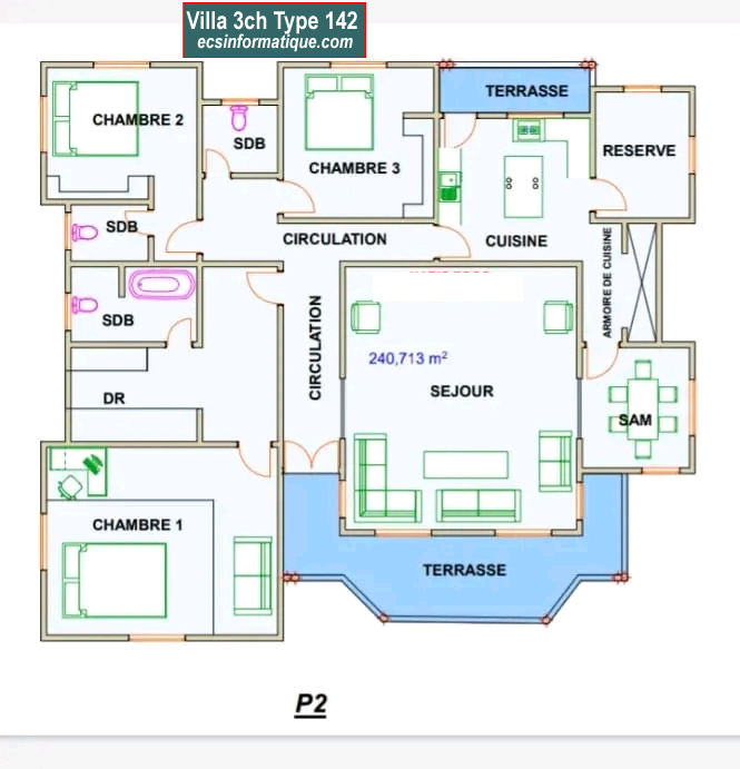 Plan de maison 3 chambres salon - Distribution 2D -Villa T4 Type 22