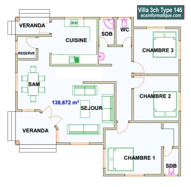 Plan de maison 3 chambres salon - Distribution 2D -Villa T4 Type 26