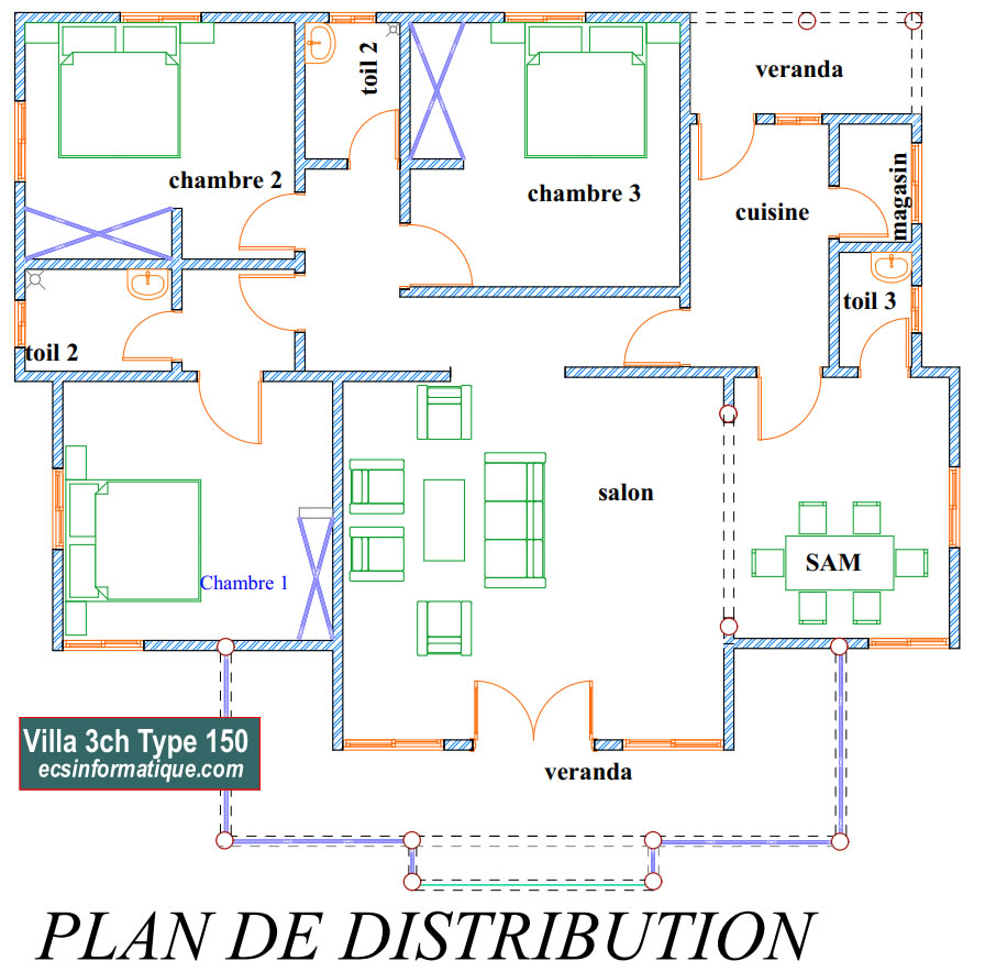 Plan de maison 3 chambres salon - Distribution 2D -Villa T4 Type 30