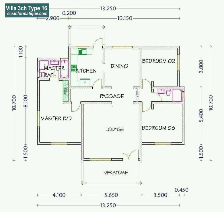 Plan de maison 3 chambres salon - Distribution 2D -Villa T4 Type 16