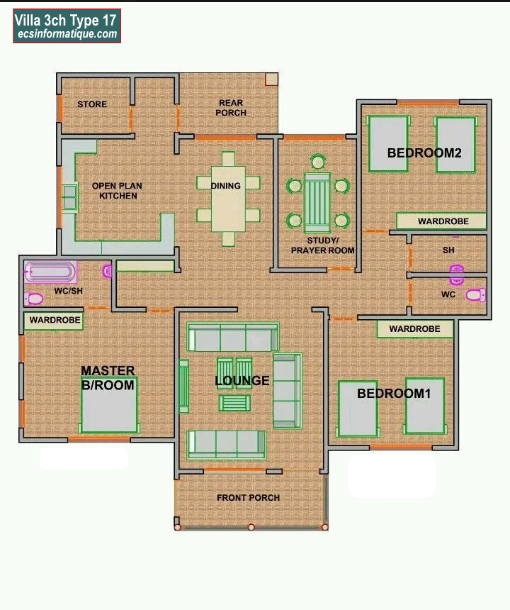 Plan de maison 3 chambres salon - Distribution 2D -Villa T4 Type 17