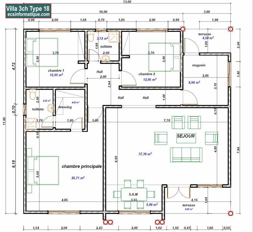 Plan de maison 3 chambres salon - Distribution 2D -Villa T4 Type 18
