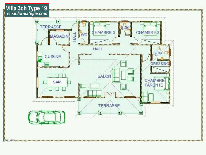 Plan de maison 3 chambres salon - Distribution 2D -Villa T4 Type 19