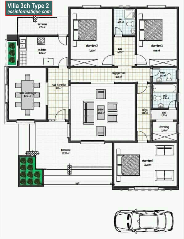 Plan de maison 3 chambres salon - Distribution 2D - Villa T4 Type 2