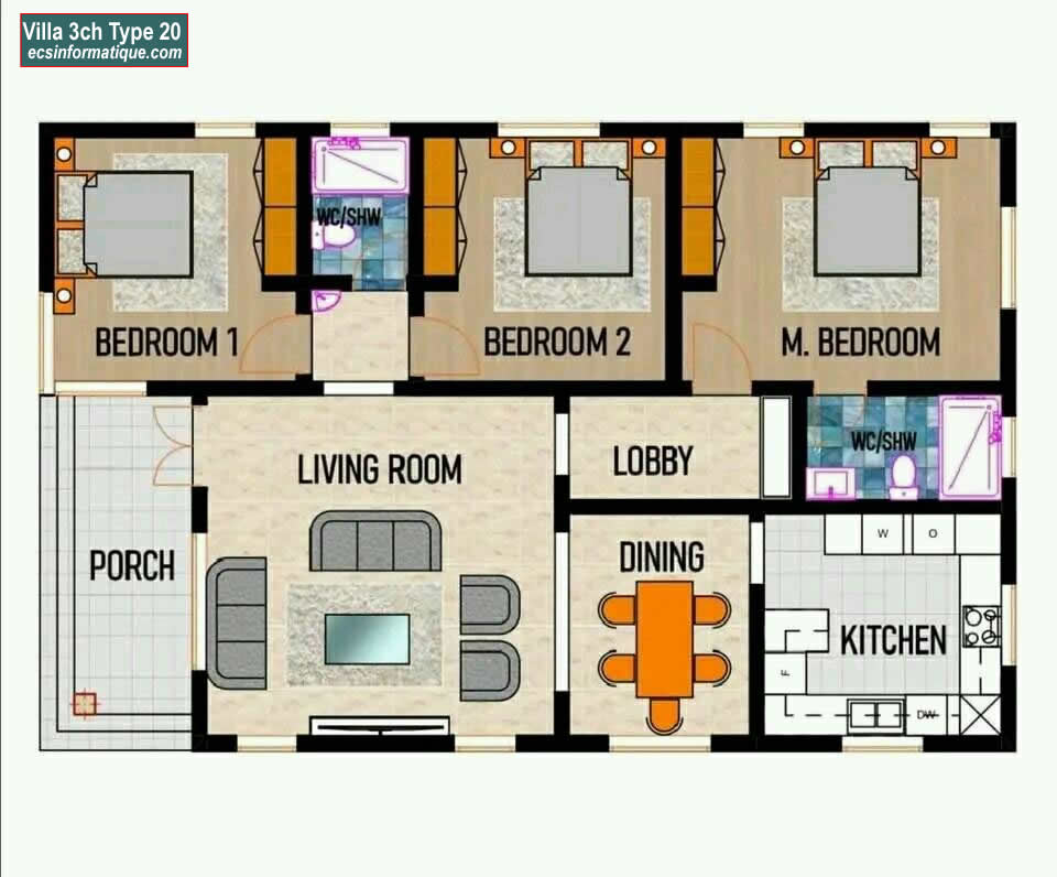 Plan de maison 3 chambres salon - Distribution 2D -Villa T4 Type 20