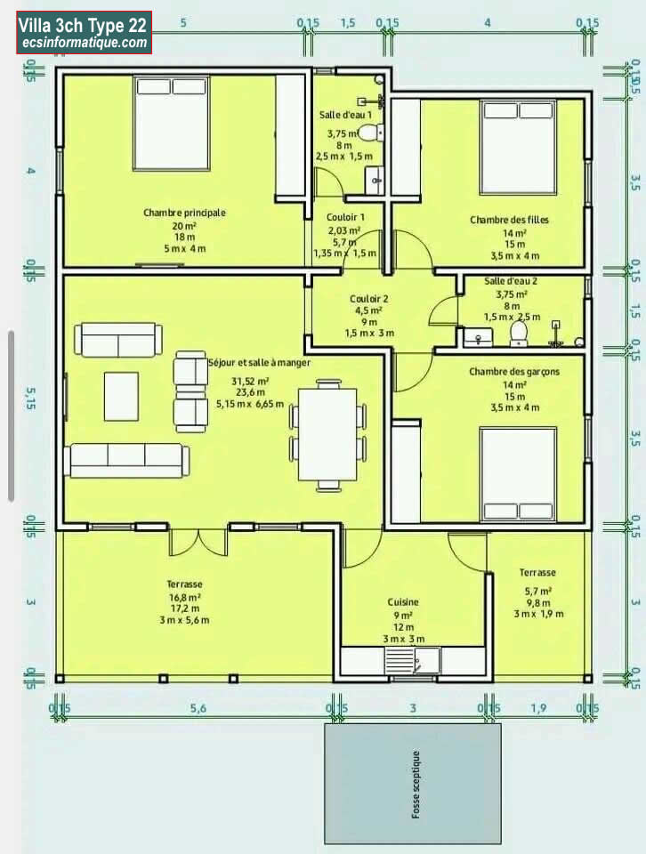 Plan de maison 3 chambres salon - Distribution 2D -Villa T4 Type 22