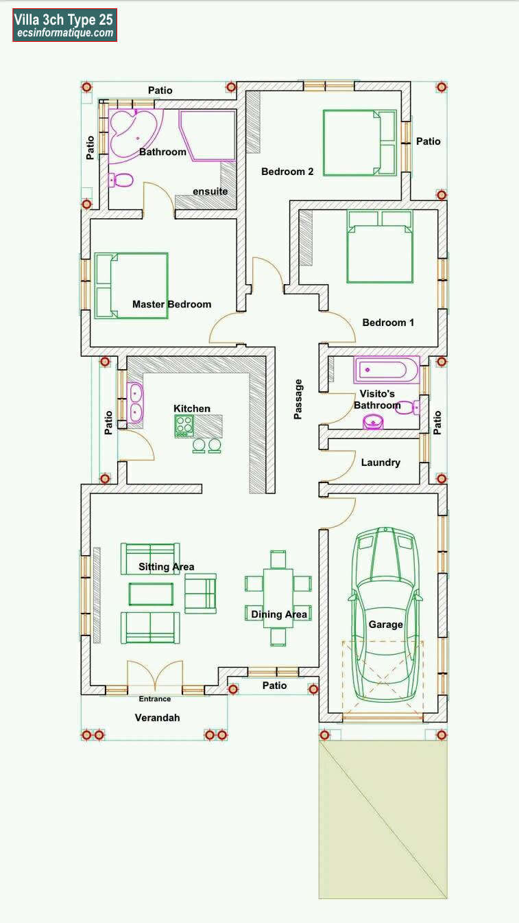 Plan de maison 3 chambres salon - Distribution 2D -Villa T4 Type 25