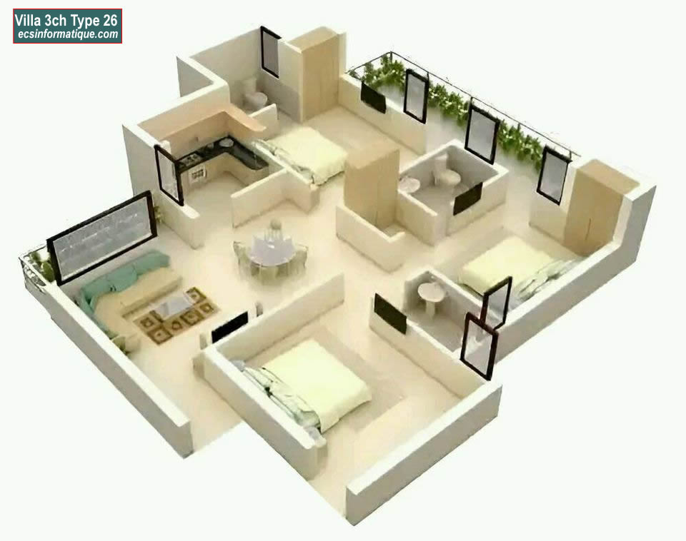 Plan de maison 3 chambres salon - Distribution 2D -Villa T4 Type 26