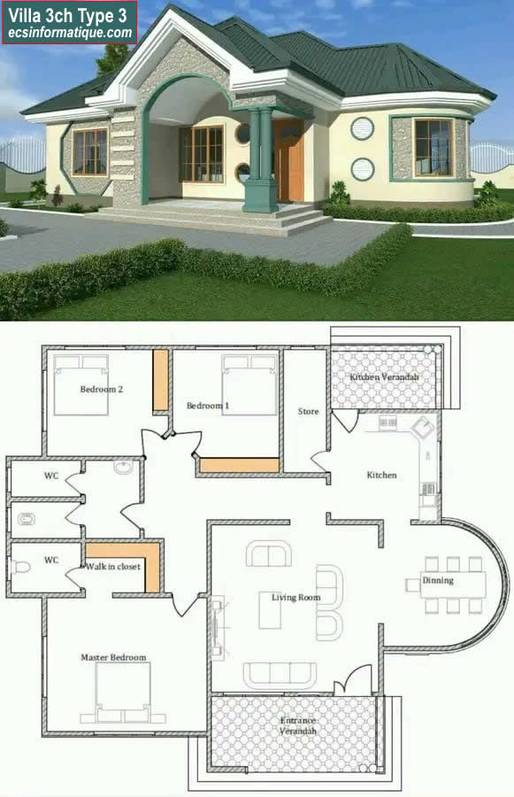 Plan de maison 3 chambres salon - Distribution 2D - Villa T4 Type 3
