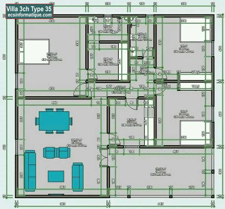 Plan de maison 3 chambres salon - Distribution 2D -Villa T4 Type 35