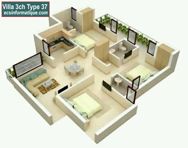 Plan de maison 3 chambres salon - Distribution 2D -Villa T4 Type 37