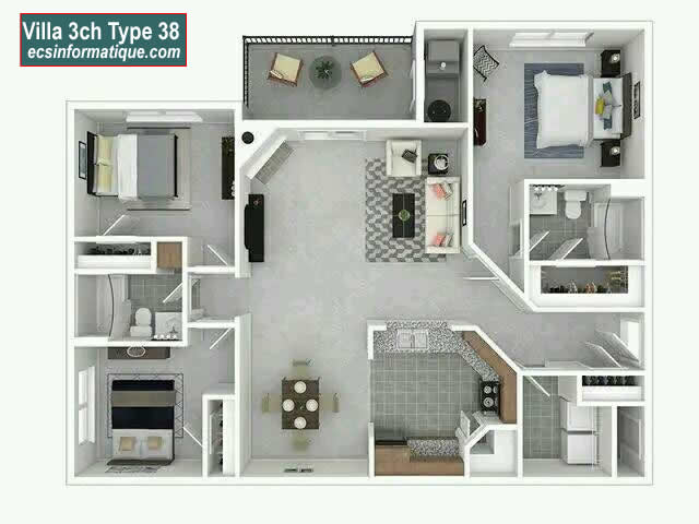 Plan de maison 3 chambres salon - Distribution 2D -Villa T4 Type 37