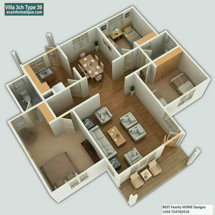 Plan de maison 3 chambres salon - Distribution 2D -Villa T4 Type 37