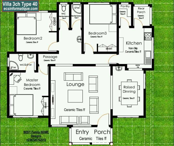 Plan de maison 3 chambres salon - Distribution 2D -Villa T4 Type 37