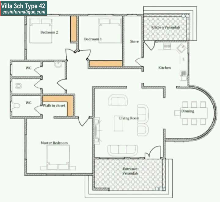 Plan de maison 3 chambres salon - Distribution 2D - Villa T4 Type 2