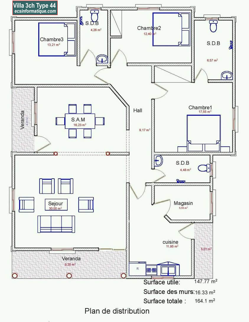 Plan de maison 3 chambres salon - Distribution 2D - Villa T4 Type 4