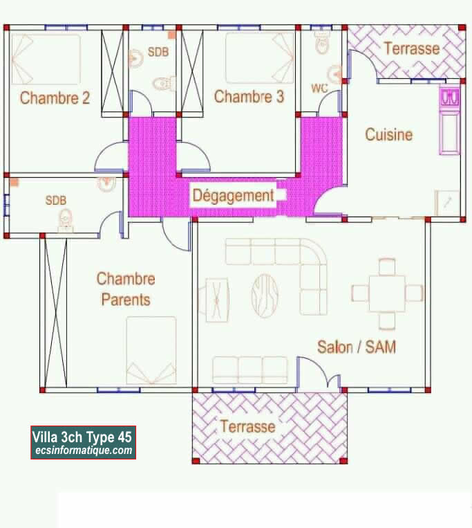 Plan de maison 3 chambres salon - Distribution 2D - Villa T4 Type 5