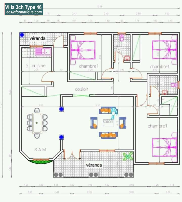 Plan de maison 3 chambres salon - Distribution 2D - Villa T4 Type 6