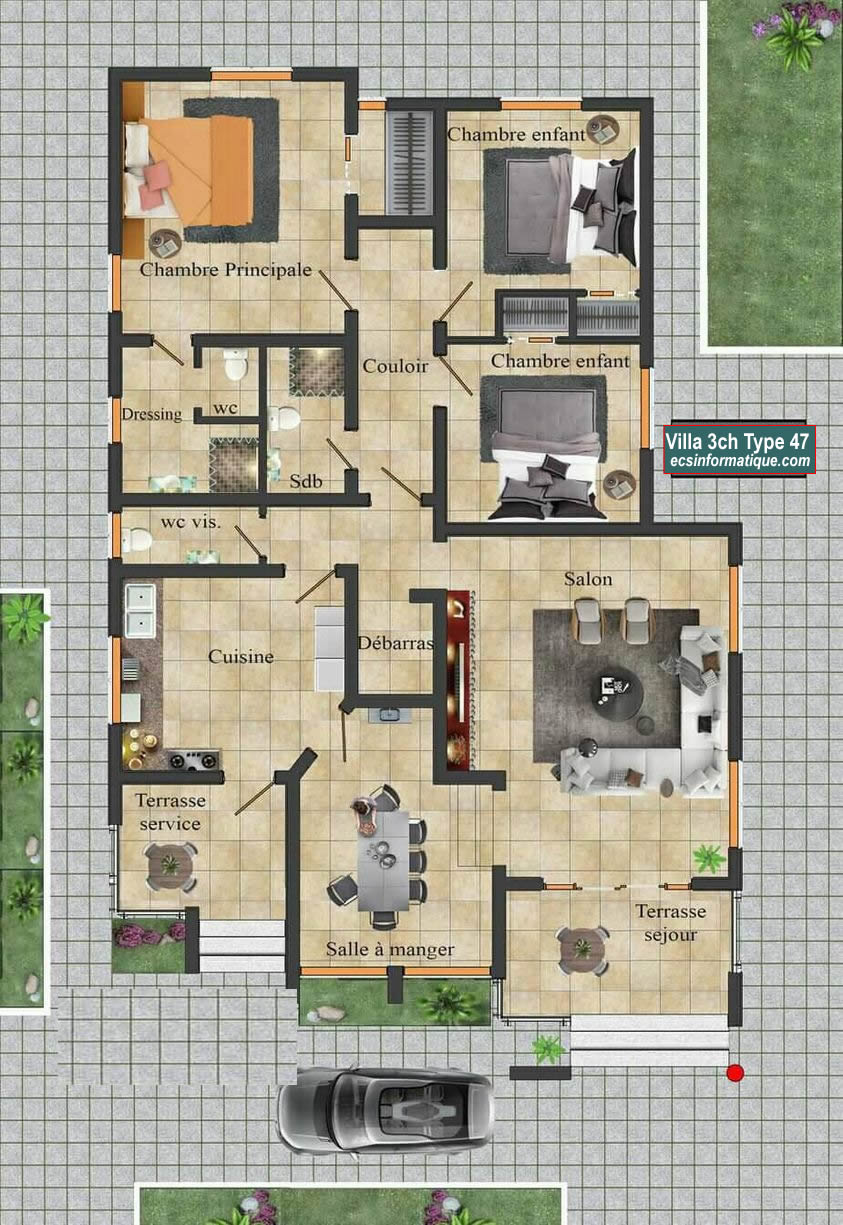 Plan de maison 3 chambres salon - Distribution 2D - Villa T4 Type 7