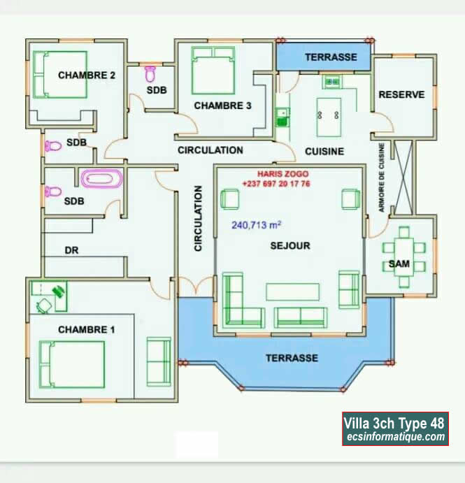 Plan de maison 3 chambres salon - Distribution 2D - Villa T4 Type 8