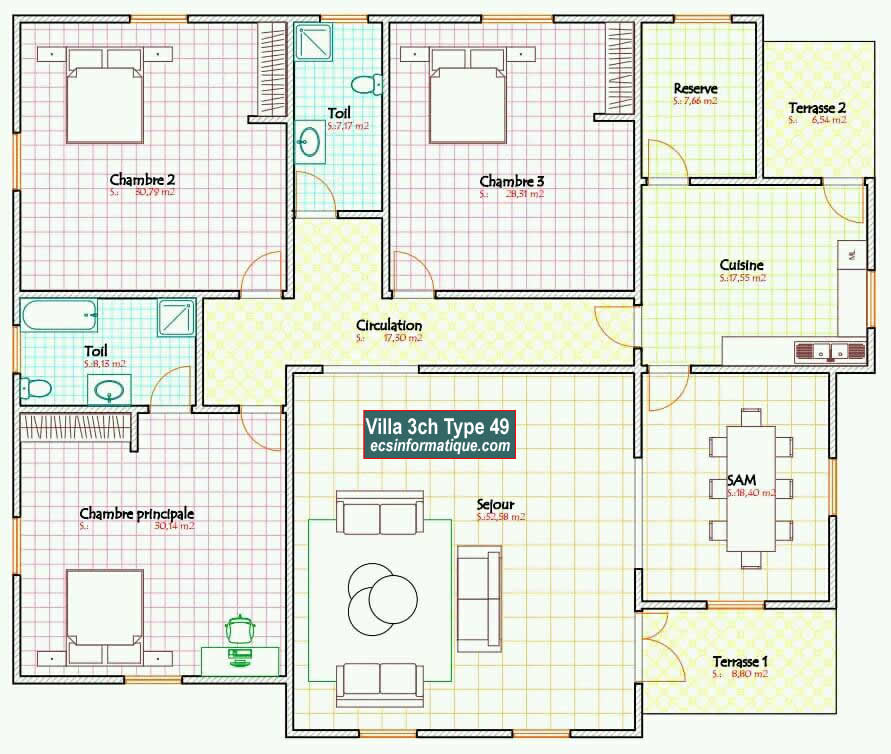 Plan de maison 3 chambres salon - Distribution 2D - Villa T4 Type 9