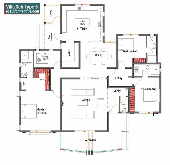 Plan de maison 3 chambres salon - Distribution 2D - Villa T4 Type 5