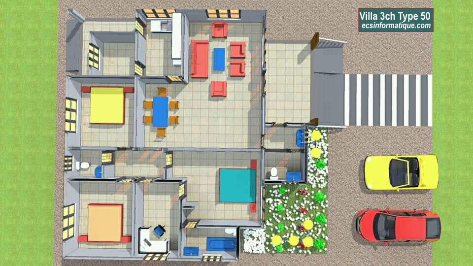 Plan de maison 3 chambres salon - Distribution 2D - Villa T4 Type 10