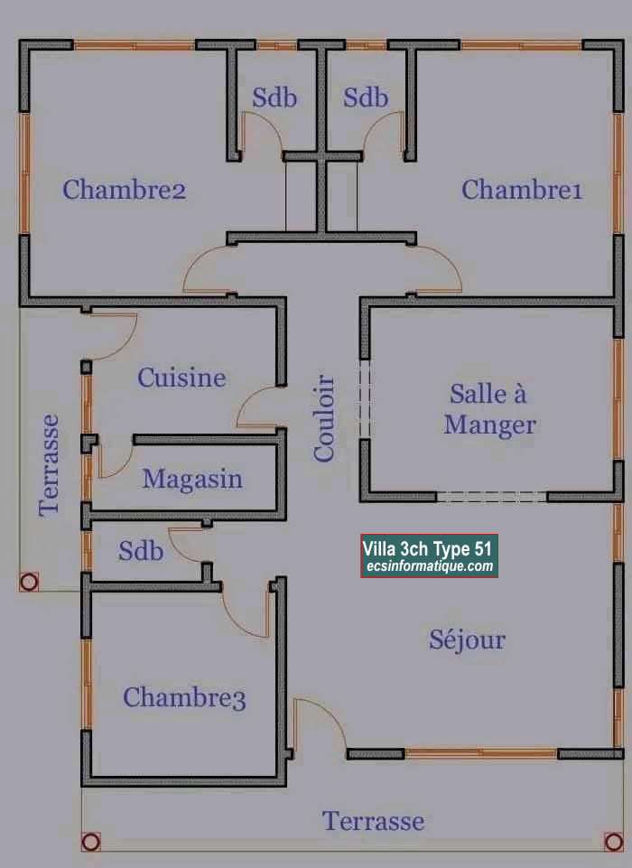 Plan de maison 3 chambres salon - Distribution 2D - Villa T4 Type 11