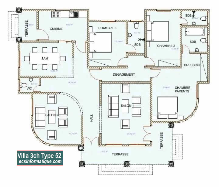 Plan de maison 3 chambres salon - Distribution 2D - Villa T4 Type 12
