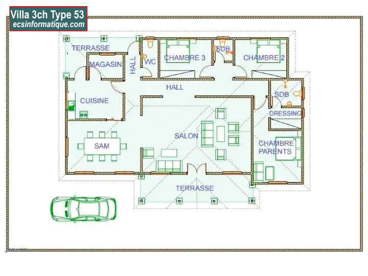 Plan de maison 3 chambres salon - Distribution 2D - Villa T4 Type 13