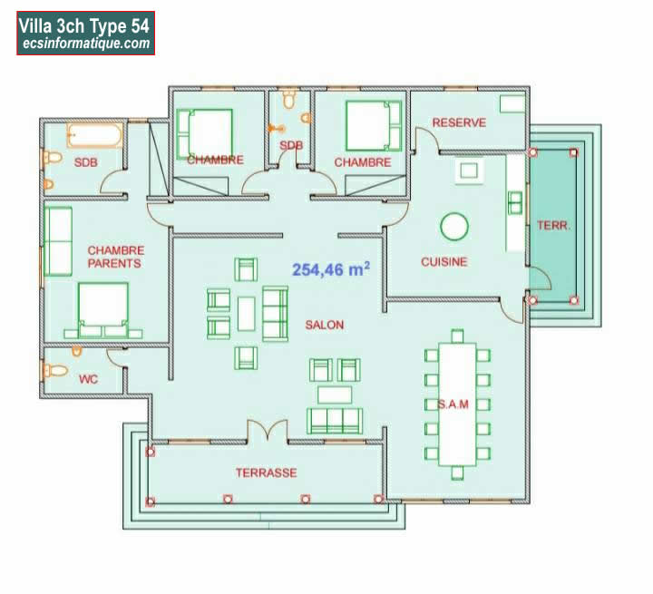 Plan de maison 3 chambres salon - Distribution 2D - Villa T4 Type 14